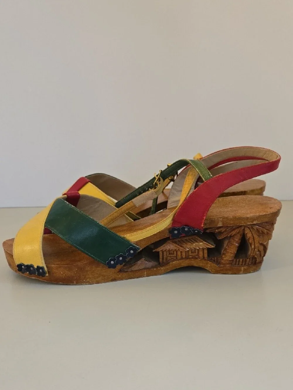 Vintage Hand Carved Wooden Wedge Sandals, Yellow Red Green Leather Straps Sz 7